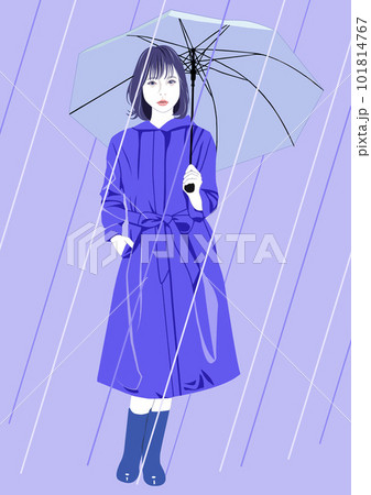 傘を差すレインコートの若い女性 雨背景 傘を差すレインコートの若い女性 雨背景 101814767