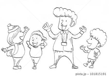 外国人のネイティブ英会話講師と子どもたちが英会話を楽しむイラスト（文字なし・線画） 101815191