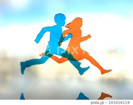 元気よく走る制服姿の男女学生シルエット 明 3Dイラストレーション 横 元気よく走る制服姿の男女学生シルエット 明 3Dイラストレーション 横 101816119