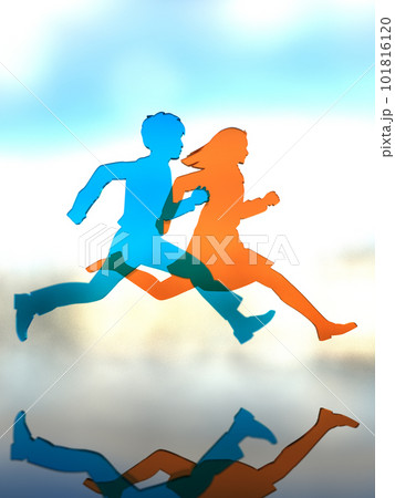 元気よく走る制服姿の男女学生シルエット 明 3Dイラストレーション 縦 元気よく走る制服姿の男女学生シルエット 明 3Dイラストレーション 縦 101816120