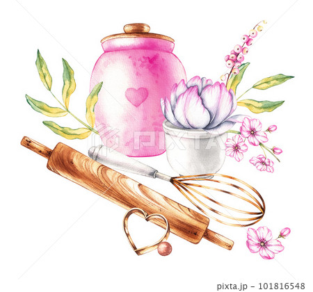 Baking tools, flowers watercolor composition on a white background 101816548