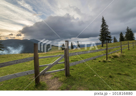 Green grassy valley slope with wooden fence and gate on woody foggy mountain under blue cloudy sky. 101816880