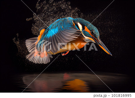Common European Kingfisher (Alcedo atthis). Kingfisher flying after emerging from water with caught fish prey in beak on green natural background. Common European Kingfisher (Alcedo atthis). Kingfisher flying after emerging from water with caught fish prey in beak on green natural background. 101816995