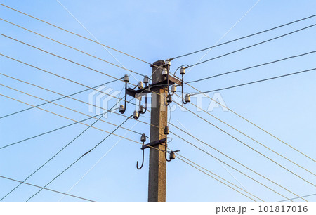 Electric pole power lines and wires with blue sky 101817016