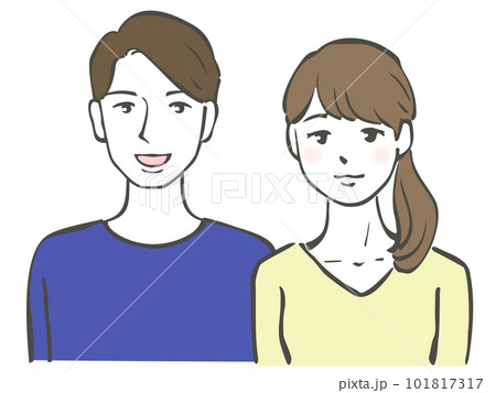 筆ペンで描いた笑顔の男女二人の上半身イラスト 101817317