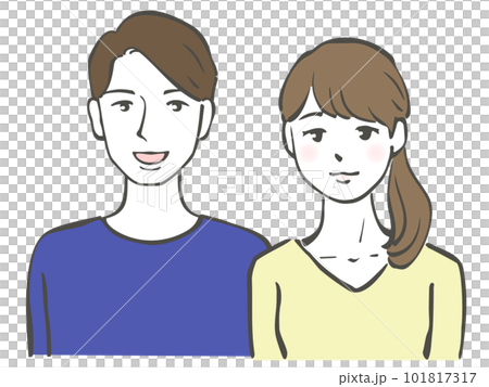 筆ペンで描いた笑顔の男女二人の上半身イラスト 101817317