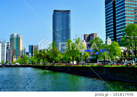 東京　新緑の綺麗なつつじ咲く皇居　日比谷濠の風景 101817456