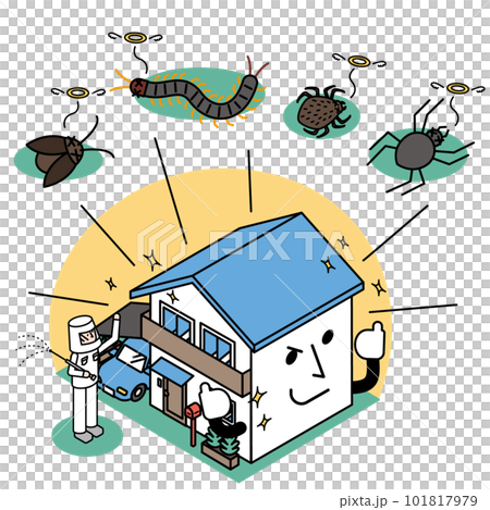 Isometric illustration of a detached house freed from the control of pests 101817979