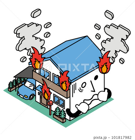 火災が起きた一軒家のアイソメイラスト 101817982