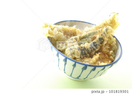 穴子と茄子、南瓜やインゲンの天ぷらが乗っている熱々天丼 101819301