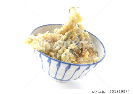 穴子と茄子、南瓜やインゲンの天ぷらが乗っている熱々の天丼を白背景で撮影 穴子と茄子、南瓜やインゲンの天ぷらが乗っている熱々の天丼を白背景で撮影 101819374