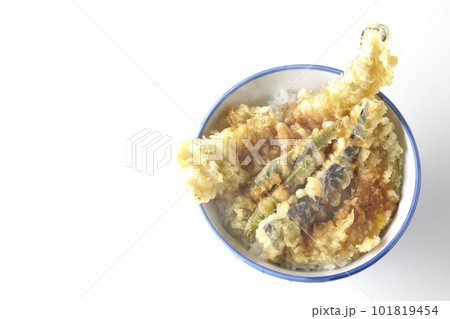 穴子と茄子、南瓜やインゲンの天ぷらが乗っている熱々の天丼を白背景で俯瞰撮影 101819454