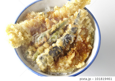 穴子と茄子、南瓜やインゲンの天ぷらが乗っている熱々の天丼を白背景で俯瞰撮影 穴子と茄子、南瓜やインゲンの天ぷらが乗っている熱々の天丼を白背景で俯瞰撮影 101819461
