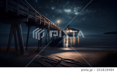 Beautiful night seascape with stars in the sky and pier stretching into the ocean. Summer, Travel, Vacation and Holiday concept - Wooden pier between sunset. Beautiful night seascape with stars in the sky and pier stretching into the ocean. Summer, Travel, Vacation and Holiday concept - Wooden pier between sunset. 101819484