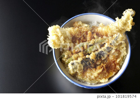 穴子と茄子、南瓜やインゲンの天ぷらが乗っている熱々の天丼を黒背景で俯瞰撮影 穴子と茄子、南瓜やインゲンの天ぷらが乗っている熱々の天丼を黒背景で俯瞰撮影 101819574