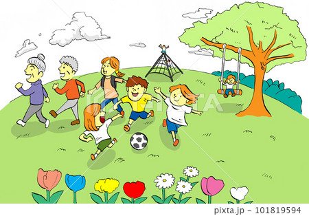 子どもたちがサッカーをして遊び、大人や高齢者がウォーキングする緑豊かな公園のイラスト（白背景） 101819594