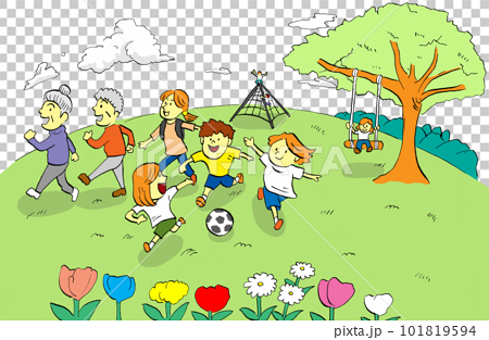 子どもたちがサッカーをして遊び、大人や高齢者がウォーキングする緑豊かな公園のイラスト（白背景） 101819594