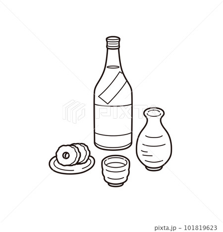 日本酒とあご野焼蒲鉾のイラスト（線画） 101819623