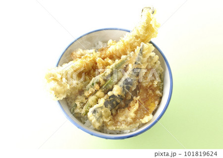 穴子と茄子、南瓜やインゲンの天ぷらが乗っている熱々の天丼を俯瞰で撮影 穴子と茄子、南瓜やインゲンの天ぷらが乗っている熱々の天丼を俯瞰で撮影 101819624