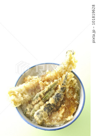 穴子と茄子、南瓜やインゲンの天ぷらが乗っている熱々の天丼を俯瞰で撮影 穴子と茄子、南瓜やインゲンの天ぷらが乗っている熱々の天丼を俯瞰で撮影 101819628