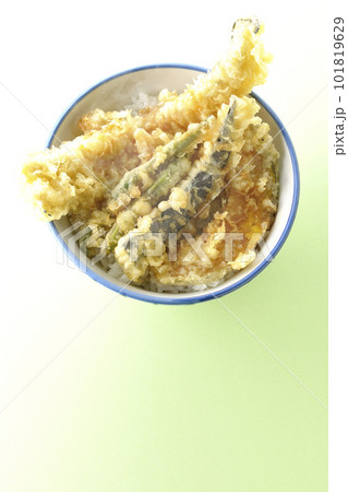 穴子と茄子、南瓜やインゲンの天ぷらが乗っている熱々の天丼を俯瞰で撮影 穴子と茄子、南瓜やインゲンの天ぷらが乗っている熱々の天丼を俯瞰で撮影 101819629
