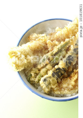 穴子と茄子、南瓜やインゲンの天ぷらが乗っている熱々の天丼を俯瞰で撮影 穴子と茄子、南瓜やインゲンの天ぷらが乗っている熱々の天丼を俯瞰で撮影 101819631
