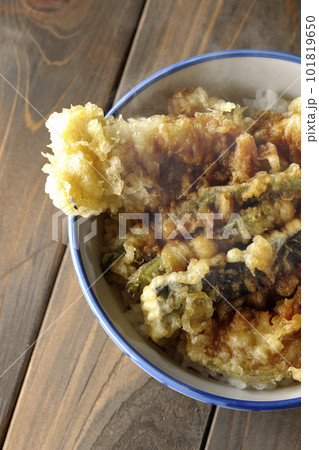 穴子と茄子、南瓜やインゲンの天ぷらが乗っている熱々の天丼を俯瞰で撮影 穴子と茄子、南瓜やインゲンの天ぷらが乗っている熱々の天丼を俯瞰で撮影 101819650
