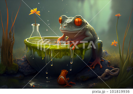 Fairy tale frog in a saucepan with boiling water 101819936