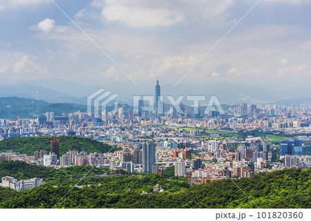 Overlooking view of the modern urban landscape of the Taipei area in Taiwan. It's a basin terrain surrounded by mountains. 101820360