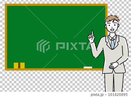 Simple illustration of a man pointing and explaining and a blackboard frame 101820895
