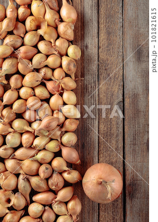 Onion on a old wooden table. Onion on a old wooden table. 101821615