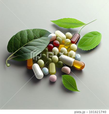 Herbal pills in glass bottle and magnifying glass near potted plant on white background. alternative medicine and healthy lifestyle concept.copy space 101821740
