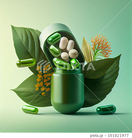 Homeopathy concept. Homeopathic globules out of a glass bottle, fresh herb, green background. Alternative herb medicine healtcare pills, copy space 101821977