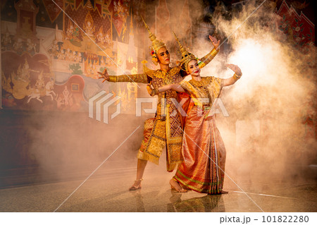 Pantomime (Khon) or traditional Thai classic masked play enacting scenes from the Ramakien 101822280