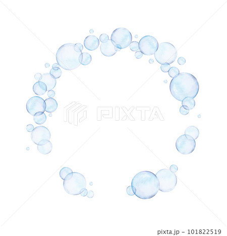 Watercolor drawn round frame from different size blue air bubbles on white background. Transparent realistic picture of spheres for card, photos, illustration, stickers, logo, textile printing, banner 101822519