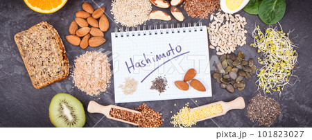 Notepad with inscription hashimoto and best ingredients for healthy thyroid 101823027
