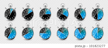 Realistic classic stopwatch. Shiny metal chronometer, time counter with dial. Blue countdown timer showing minutes and seconds. Time measurement for sport, start and finish. Vector illustration 101823277