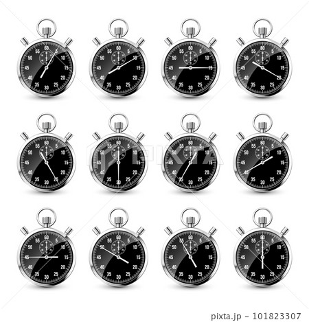 Realistic classic stopwatch. Shiny metal chronometer, time counter with dial. Countdown timer showing minutes and seconds. Time measurement for sport, start and finish. Vector illustration 101823307