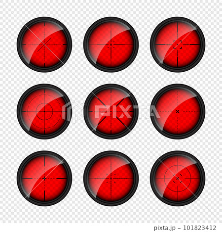 Various weapon thermal infrared sights, sniper rifle optical scopes. Hunting gun viewfinder with crosshair. Aim, shooting mark symbol. Military target sign. Game UI element. Vector illustration Various weapon thermal infrared sights, sniper rifle optical scopes. Hunting gun viewfinder with crosshair. Aim, shooting mark symbol. Military target sign. Game UI element. Vector illustration 101823412