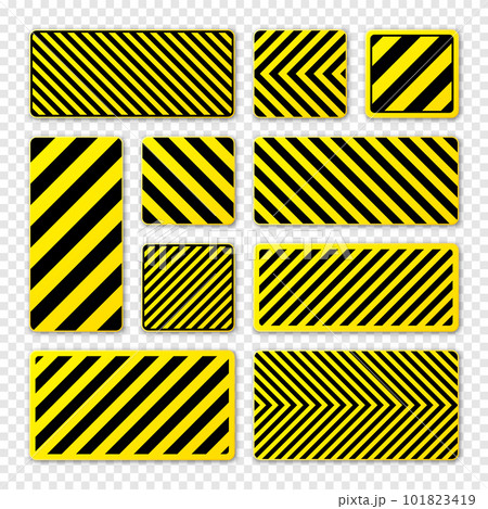 Various black and yellow warning signs with diagonal lines. Attention, danger or caution sign, construction site signage. Realistic notice signboard, warning banner, road shield. Vector illustration 101823419