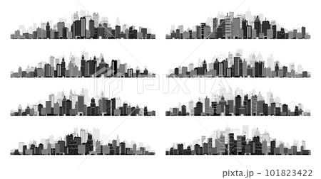 City silhouettes. Cityscape, town skyline, horizontal panorama. Midtown, downtown with various buildings, houses and skyscrapers. Vector illustration City silhouettes. Cityscape, town skyline, horizontal panorama. Midtown, downtown with various buildings, houses and skyscrapers. Vector illustration 101823422