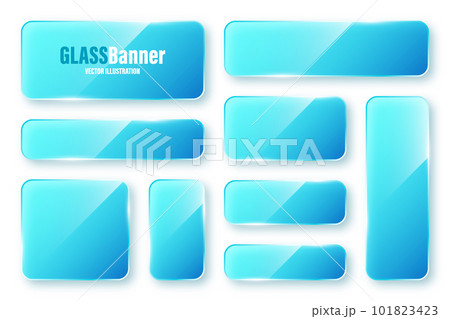 Realistic isolated glass frames collection. Blue transparent glass banners with flares and highlights. Glossy acrylic plate, element with light reflection and place for text. Vector illustration 101823423