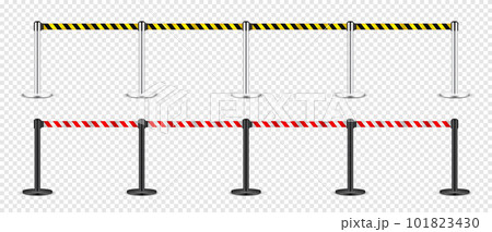 Realistic yellow and red retractable belt stanchion. Crowd control barrier posts with caution strap. Queue lines. Restriction border and danger tape. Attention, warning sign. Vector illustration 101823430