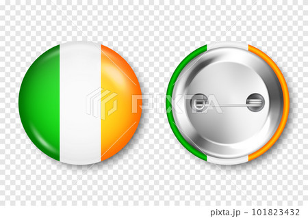 Realistic button badge with printed Irish flag. Souvenir from Ireland. Glossy pin badge with shiny metal clasp. Product mockup for advertising and promotion. Vector illustration Realistic button badge with printed Irish flag. Souvenir from Ireland. Glossy pin badge with shiny metal clasp. Product mockup for advertising and promotion. Vector illustration 101823432