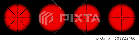 Various weapon thermal infrared sights, sniper rifle optical scopes. Hunting gun viewfinder with crosshair. Aim, shooting mark symbol. Military target sign. Game UI element. Vector illustration Various weapon thermal infrared sights, sniper rifle optical scopes. Hunting gun viewfinder with crosshair. Aim, shooting mark symbol. Military target sign. Game UI element. Vector illustration 101823460