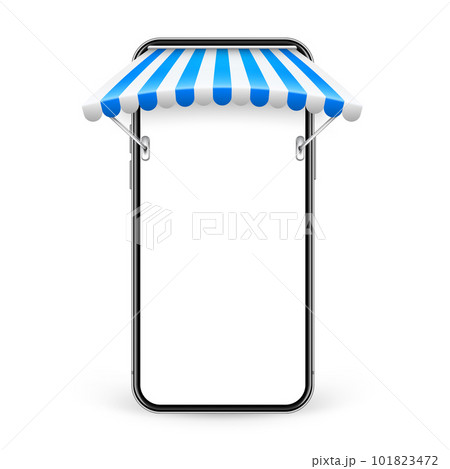 Smartphone with shop sunshade and metal mount, online internet shopping. Realistic blue striped cafe awning. Outdoor market tent. Roof canopy. Summer street store. Vector illustration 101823472