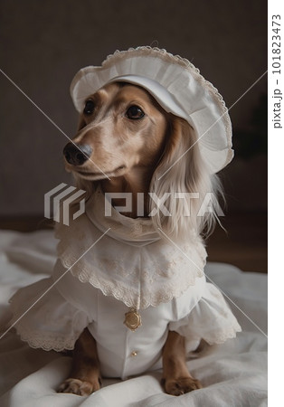 Beautiful Cute Long-haired Golden Dachshund Wearing White Dress. Ai generated Beautiful Cute Long-haired Golden Dachshund Wearing White Dress. Ai generated 101823473