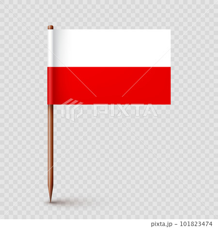 Polish toothpick flag. Souvenir from Poland. Wooden toothpick with paper flag. Location mark, map pointer. Blank mockup for advertising and promotions. Vector illustration 101823474