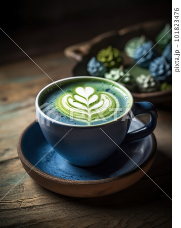 Blue Matcha Latte Tea in Handmade Craft Teacup. Food Realistic Illustration. Ai generative Blue Matcha Latte Tea in Handmade Craft Teacup. Food Realistic Illustration. Ai generative 101823476