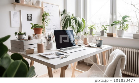 Cozy Modern Home Workspace Neutral Beige Scandinavian Interior. Contemporary Realistic Living Room. Ai generated Cozy Modern Home Workspace Neutral Beige Scandinavian Interior. Contemporary Realistic Living Room. Ai generated 101823477